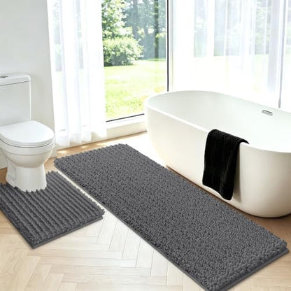 Upgrade Luxury 2 Piece Dark Gray Toilet Bathroom Rug Mat U Shape 24"x20"+48"x20", Ultra Soft Thick Absorbent Bath Mats, Non Slip Chenille Toilet Mat for Bathroom, Bedroom, Kitchen, Shower, Tub
