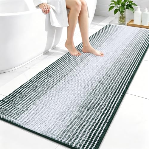 OLANLY Bathroom Runner Rugs 59x24, Soft Chenille Bath Rugs, Blackish Green