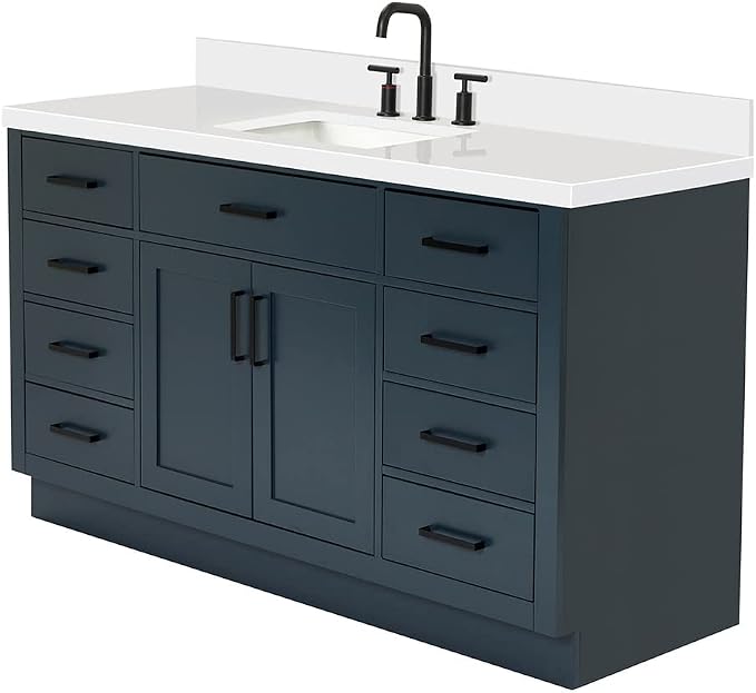 ARIEL Hepburn 60-inch Bathroom Vanity with Sink,Solid Wood, 1.5-inch Pure White Quartz Countertop, Single Rectangular Porcelain Sink, 2 Soft Closing Doors, 9 Dovetail Drawers, Midnight Blue