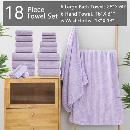 18 Piece Bath Towels Set,100% Microfiber Family Bathroom Towel with Hanging Loops-6 Bath Towels,6 Hand Towels,6 Washcloths,Quick Dry Highly Absorbent Shower Towel for Bathroom,Hotel,Spa-Light Purple