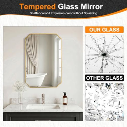 Delma Bathroom Vanity Mirror, Black Framed Aluminum Bathroom Mirror for Over Sink, Scalloped Round Corner Wall Mirror, High-Definition Vanity Mirror, Hangs Horizontally or Vertically (30x20,Gold)