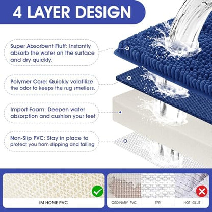 ACCUMTEK Striped Denim Blue Toilet Bathroom Rug Mat 24" x 20" Contour Rug Ultra Soft, Non Slip Chenille Bath Rugs, Absorbent Plush Shaggy Bath Mats for Bathroom, Bedroom, Kitchen, Shower, Tub