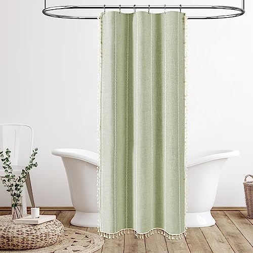 BTTN Small Boho Linen Heavy Duty Cloth Shower Curtain, 36x72, Sage Green