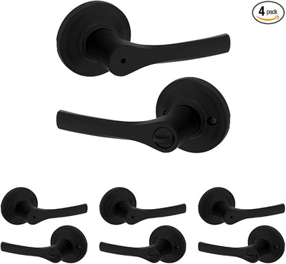 Kwikset Henley Interior Privacy Door Handle with Lock, Door Lever for Bathroom and Bedroom, Matte Black Reversible Keyless Turn Lock, with Microban Protection (Pack of 4)