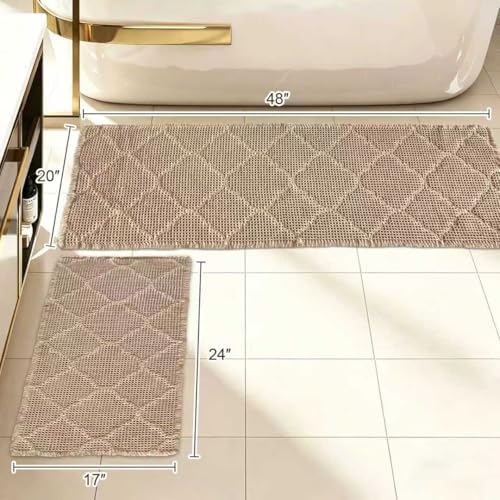 ZALL Set of 2 Tan Waffle Bath Mat, Super Absorbent Non Slip Bathroom Rug, Brown 17x24inch and 20x48inch, Geometric Diamond Machine Washable Ultra Soft Floor Mats