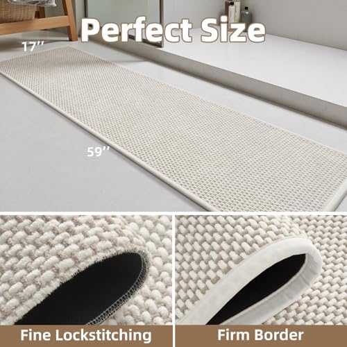 PADOOR-Bath Mat Runner-Super Absorbent Chenille Bathroom Mats-Rubber Backed Bath Mats for Bathroom Non Slip, Easy Clean Bathroom Runner Rugs Front of Bathtub,Shower Room,Sink-17×59, Beige&Cream
