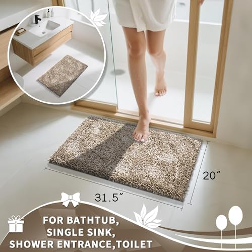 Yimobra Chenille Bathroom Rugs Non Slip, Extra Thick Soft Absorbent Bath Rug 31.5x20 Inch, Machine Washable Quick Dry Bath Mat for Bathroom Floor, Tub and Shower, Home Decor Accessories, Camel