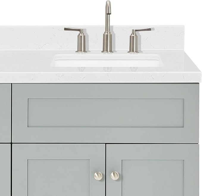 DKB Bradford 66-Inch Grey Double Bathroom Vanity, 1.5-Inch Carrara Quartz Countertop & Splash, Double Rectangular Sinks, 2 Soft Closing Doors, 3 Dovetail Drawers, Toe Kick, Brushed Nickel