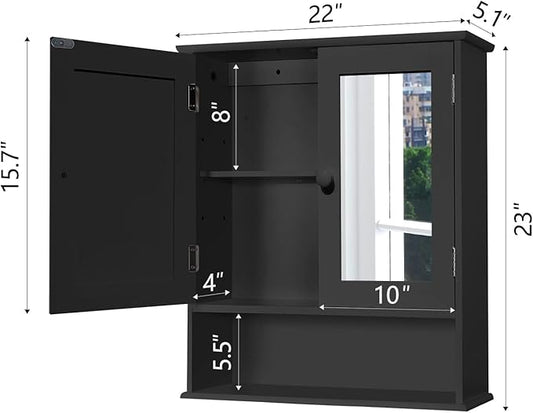 TaoHFE Black Medicine Cabinet, 2 Doors 3 Open Shelf, Wall Mounted Wooden Storage Cabinet Over Toilet