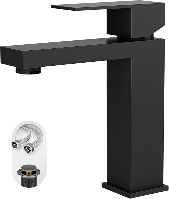 Phiestina 4 Inch Black Single Hole Bathroom Faucet Single Handle Vanity Faucet Matte Black Bathroom Faucet for Sink 1 Hole with Metal Drain with ‎Deck Plate, Overflow & Water Supply line, BF3530-MB