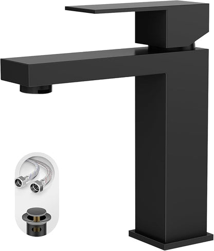 Phiestina 4 Inch Black Single Hole Bathroom Faucet Single Handle Vanity Faucet Matte Black Bathroom Faucet for Sink 1 Hole with Metal Drain with ‎Deck Plate, Overflow & Water Supply line, BF3530-MB