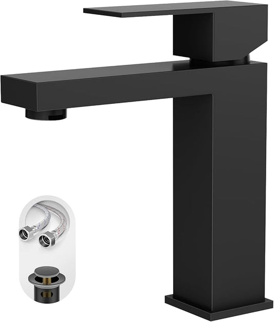 Phiestina 4 Inch Black Single Hole Bathroom Faucet Single Handle Vanity Faucet Matte Black Bathroom Faucet for Sink 1 Hole with Metal Drain with ‎Deck Plate, Overflow & Water Supply line, BF3530-MB