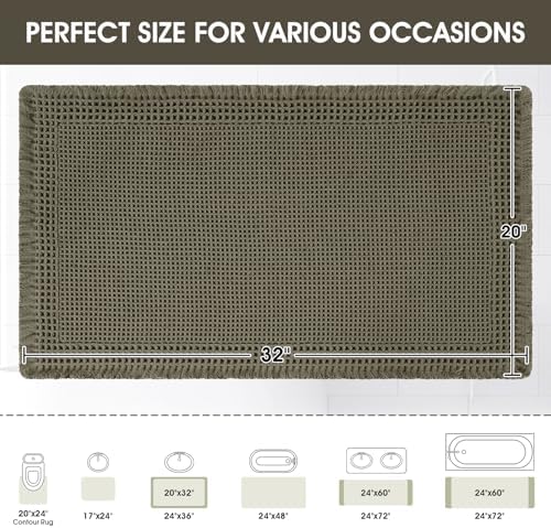 Upgraded Waffle Bath Mat, 32"x20" Greyish Green-Bordered, Super Absorbent Non-Slip Quick Dry Bathroom Rugs with Tassels, Machine Washable Ultra Soft Boho Bath Rugs, Toilet Mats Boho Farmhouse Decor