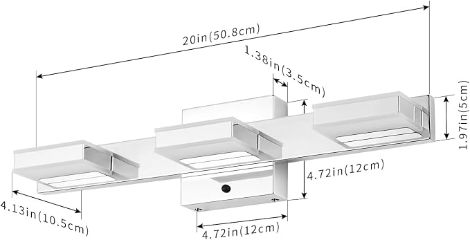 mirrea 20" 3 Light 3CCT Chrome LED Bathroom Vanity Light Fixture | Over Mirror,Bathroom Lighting,3000K/4000K/5000K ,Dimmable,Rust-resistant,Moisture-resistant,Acrylic shade,Wall Mount