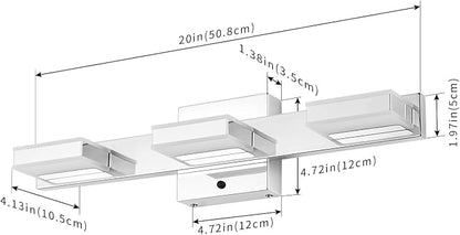 mirrea 20" 3 Light 3CCT Chrome LED Bathroom Vanity Light Fixture | Over Mirror,Bathroom Lighting,3000K/4000K/5000K ,Dimmable,Rust-resistant,Moisture-resistant,Acrylic shade,Wall Mount