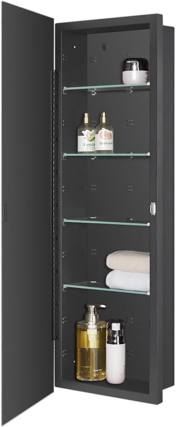 IDYLLOR Black Bathroom Medicine Cabinet with Beveled Edge Mirrored Door 12 x 36 inch, Recessed or Surface Mount, with Adjustable Glass Shelves