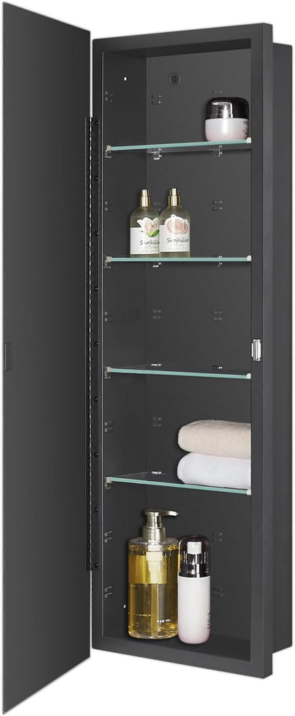 IDYLLOR Black Bathroom Medicine Cabinet with Beveled Edge Mirrored Door 12 x 36 inch, Recessed or Surface Mount, with Adjustable Glass Shelves