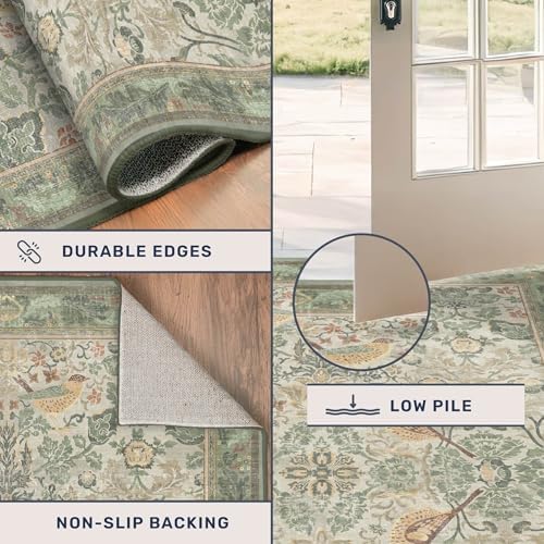 Sage Green Boho Bathroom Rugs - 2x3 Washable Non-Slip Soft Low Pile Area Rug for Entryway, Kitchen, and Decorative Door Mats - Vintage Farmhouse Design with Bird & Botanical Pattern Boho Décor