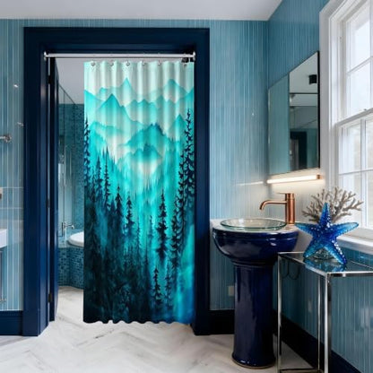Dark Teal Forest Stall Shower Curtain, 36X72 in Narrow Small, Mountain