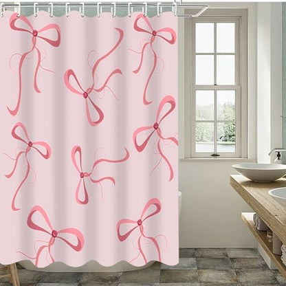 AZHM 4pcs Pink Bow Bathroom Shower Curtain Set with Rugs and Accessories