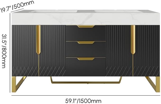 KunMai 59" Black Freestanding Bathroom Vanity with Faux Marble Top, Double Ceramic Vessel Sinks, Floor-Standing Design, 3 Drawers for Storage, Modern Bathroom Cabinet with Gold Hardware Finish