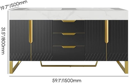 KunMai 59" Black Freestanding Bathroom Vanity with Faux Marble Top, Double Ceramic Vessel Sinks, Floor-Standing Design, 3 Drawers for Storage, Modern Bathroom Cabinet with Gold Hardware Finish