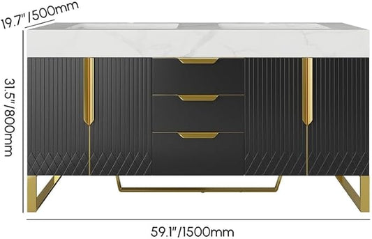 KunMai 59" Black Freestanding Bathroom Vanity with Faux Marble Top, Double Ceramic Vessel Sinks, Floor-Standing Design, 3 Drawers for Storage, Modern Bathroom Cabinet with Gold Hardware Finish