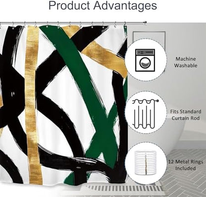 Abstract Emerald Green Black Gold Shower Curtain 72Wx72L Inch Modern Minimalist Contemporary Geometric Line Bathroom Set Accessories Decor with 12 Pack Hooks