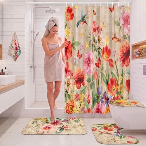 FuWeave 8 Pcs Vintage Floral Shower Curtain Set Bathroom Decor Hummingbird Butterfly Waterproof Bathroom Accessories Rustic Shower Curtain Sets with Towels Carpet Bath Mat Toilet Rugs and 12 Hooks
