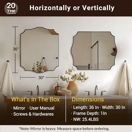 ANDY STAR 30"x36" Black Scalloped Mirror, Mirrors for Bathroom Sink, Black Framed Mirror with Elegant Curved Scallop Design, Premium Stainless Steel Thin Frame, Hangs Horizontally or Vertically