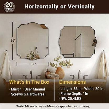 ANDY STAR 30"x36" Black Scalloped Mirror, Mirrors for Bathroom Sink, Black Framed Mirror with Elegant Curved Scallop Design, Premium Stainless Steel Thin Frame, Hangs Horizontally or Vertically