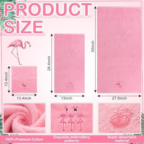 3 Pcs Flamingo Bathroom Towel Set Farmhouse Embroidered Flamingo Towels Vintage Decorative 100% Cotton Bath Towel Highly Absorbent Elegant Summer Decor Set for Bathroom