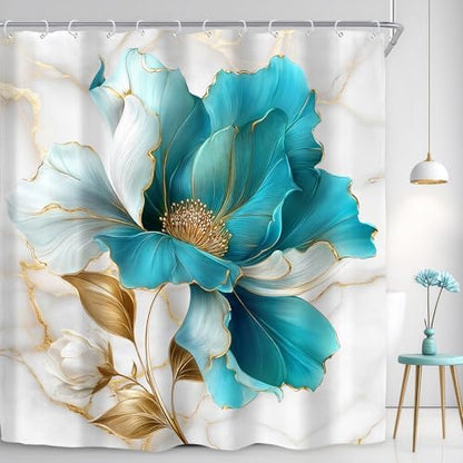 Teal Gold Marble Floral Abstract Turquoise Art Bathroom Shower Curtain Set