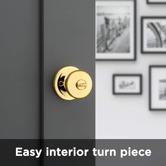 Kwikset Juno Interior Privacy Door Knob with Lock, Door Handle For Bathroom and Bedroom, Polished Brass Keyless Turn Lock Doorknob