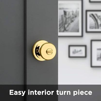 Kwikset Juno Interior Privacy Door Knob with Lock, Door Handle For Bathroom and Bedroom, Polished Brass Keyless Turn Lock Doorknob