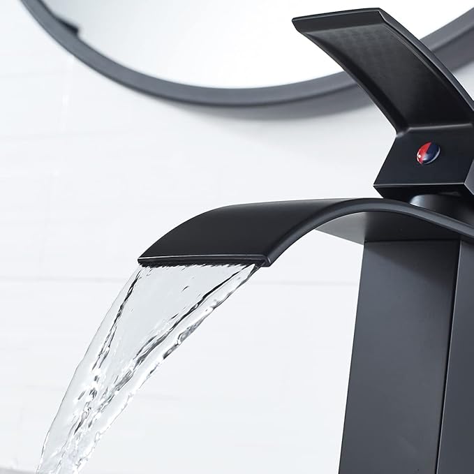VOTON Vessel Sink Faucet Matte Black Modern Tall Waterfall Bathroom Sink Faucet with Pop-Up Drain Single Handle Bathroom Faucet 1 Hole Bowl Lavatory Vanity Faucet, Rv Sink Camper Farmhouse Faucet