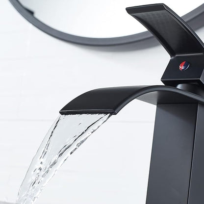 VOTON Vessel Sink Faucet Matte Black Modern Tall Waterfall Bathroom Sink Faucet Single Handle Bathroom Faucet 1 Hole Bowl Lavatory Vanity Faucet, Rv Sink Camper Farmhouse Bathroom Faucet