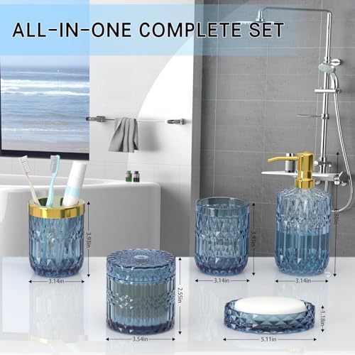 Blue Bathroom Accessories 5 Pcs, Glass Bathroom Accessory Set, Vintage Blue Bathroom Set, Soap Dispenser and Toothbrush Holder Set, Qtip Holder, Bathroom Sets Complete, Modern Bathroom Decor