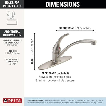 Delta Foundations Brushed Nickel Kitchen Faucet, Contemporary 3 Hole Kitchen Sink Faucet, Single Handle, Stainless B1310LF-SS