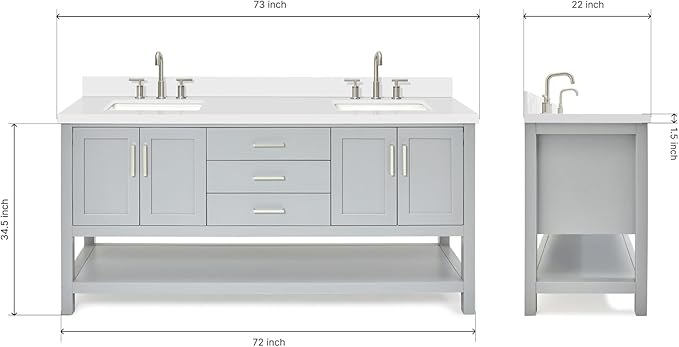 ARIEL Hutton 72-inch Bathroom Vanity with Sink,Solid Wood, 1.5-inch Pure White Quartz Countertop & Backsplash, Double Rectangular Porcelain Sink, 4 Soft Closing Doors, 3 Dovetail Drawers, Grey