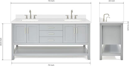 ARIEL Hutton 72-inch Bathroom Vanity with Sink,Solid Wood, 1.5-inch Pure White Quartz Countertop & Backsplash, Double Rectangular Porcelain Sink, 4 Soft Closing Doors, 3 Dovetail Drawers, Grey