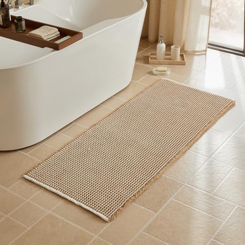 Triohero Waffle Runner Rug Bathroom, Long Boho Bath Mat 24x60 Khaki & White
