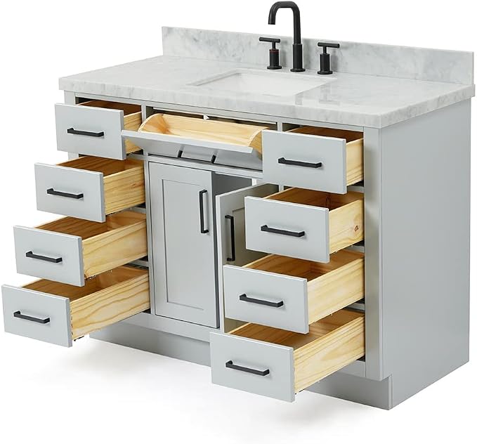 Isabella 48-Inch Bathroom Vanity with Sink — Grey Single Sink Bathroom Vanity, 1.5" Edge Italian Carrara Marble Top, Solid Wood, 2 Soft-Close Doors, 8 Dovetail Drawers + Tilt Drawer