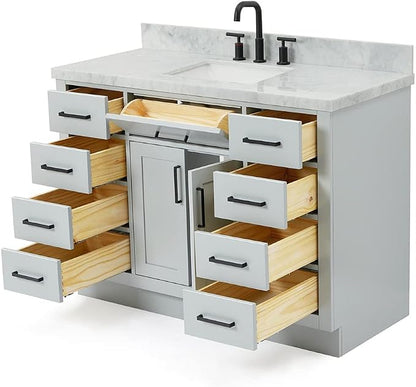 Isabella 48-Inch Bathroom Vanity with Sink — Grey Single Sink Bathroom Vanity, 1.5" Edge Italian Carrara Marble Top, Solid Wood, 2 Soft-Close Doors, 8 Dovetail Drawers + Tilt Drawer