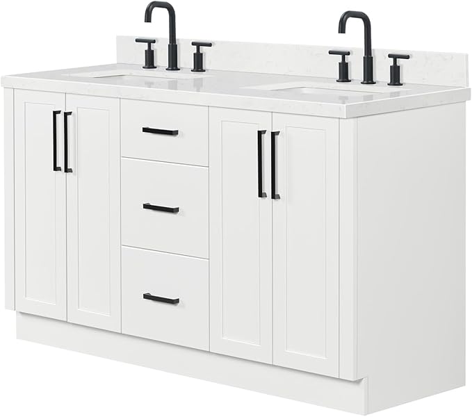 ARIEL Loren 60-inch Bathroom Vanity with Sink,Solid Wood, 1.5-inch Carrara White Quartz Countertop, Double Rectangular Porcelain Sink, 4 Soft Closing Doors, 3 Dovetail Drawers, White