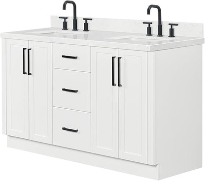 ARIEL Loren 60-inch Bathroom Vanity with Sink,Solid Wood, 1.5-inch Carrara White Quartz Countertop, Double Rectangular Porcelain Sink, 4 Soft Closing Doors, 3 Dovetail Drawers, White