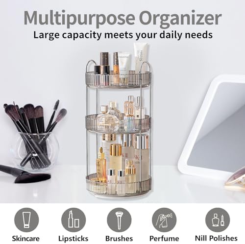 Asayuee 360 Rotating Makeup Organizer,3 Tier Large Capacity Make Up Organizers and Storage,Makeup Organizer for Bathroom,Cosmetic Perfume Stand Organizer(Grey-3 Tier)