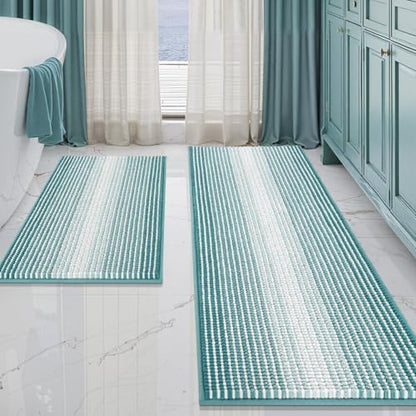 BSICPRO Bathroom Rugs Sets 2 Piece, Non Slip Striped Bath Mats, Aqua Green