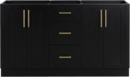 ARIEL Loren 60-inch Bathroom Vanity Base Cabinet,Solid Wood, 4 Soft Closing Doors, 3 Dovetail Drawers, Black