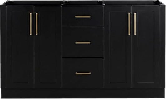 ARIEL Loren 60-inch Bathroom Vanity Base Cabinet,Solid Wood, 4 Soft Closing Doors, 3 Dovetail Drawers, Black